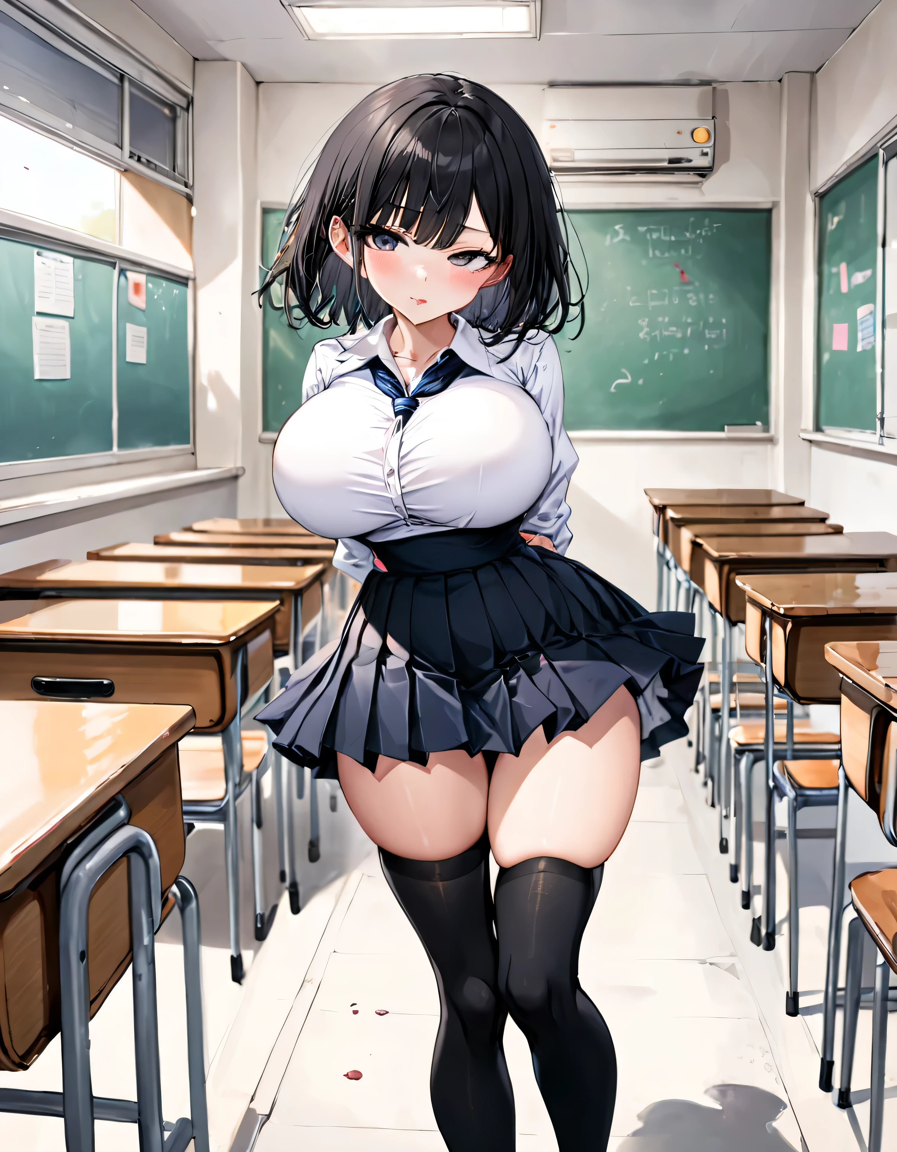 (solo), (1 skinny girl standing at school alone), (swaying back), arms behind back, tiptoe, BREAK, black bob cut, blunt bangs, (violently bouncing huge breasts:1.4), bursting huge breasts, long breasts, narrow shoulders, (very short torso), skinny narrow waist, (long skinny legs), (skinny thighs:1.2), BREAK, school uniform, (white blouse with closing chest), pleated black high-waist skirt, thigh gap, (inky-black thighhighs:1.1), BREAK, orgasm