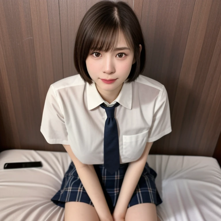 NSFW, (kawaii 24 year-old Japanese girl, Nogizaka idol, Korean idol), healthy female athlete body, (glossy brown hair, very short hair, pixie cut, bangs:1.3), (rounded face, beautiful black eyes, single eyelid, no makeup:1.2), (embarrassed, empty eyes, sigh, looking at away:1.3), (wearing collared shirt, necktie, plaid skirt, bare thighs:1.3), (well shaped extra small breasts), narrow shoulders, BREAK, (sitting on the bed:1.2), (hotel bedroom background:1.3), (view from above:1.3), BREAK, (masterpiece, best quality, photo realistic, official art:1.4), (UHD, 8K quality wallpaper, high resolution, raw photo, golden ratio:1.3), (shiny skin), professional lighting, physically based rendering, award winning, (highly detailed skin, extremely detailed face and eyes, anatomically correct body parts), Carl Zeiss 85 mm F/1.4, depth of field, 1girl, solo,