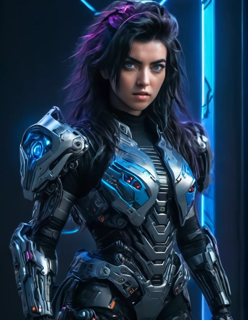 A woman wearing exoskeleton cyber armor, The armor fits snugly、((She has a plasma gun in her hand)), Full body photo, Maximum details, Superior quality through precise drawings, 8k,chest, blue eyes,  High resolution, 超High resolution, Best Quality, Shortcuts, Big chest, Cinematic Lighting Effects, Futuristic beautiful black hair woman, Shining blue eyes, Cyberpunk style woman, ((Hi-tech spaceship interior with blue light illumination)), High-quality images、Black Hair, Shortcuts, 