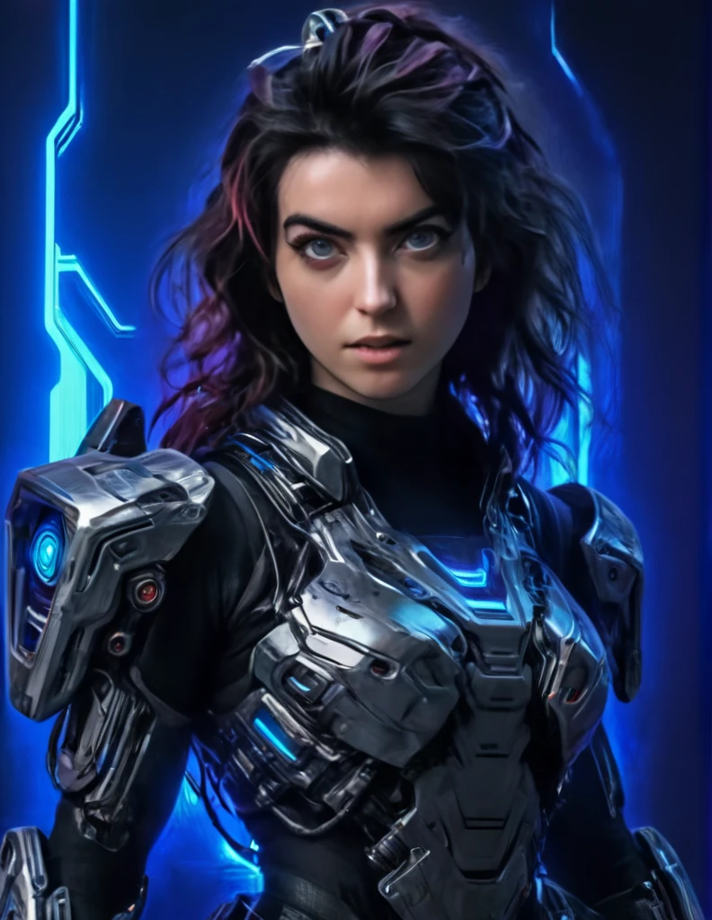 A woman wearing exoskeleton cyber armor, The armor fits snugly、((She has a plasma gun in her hand)), Full body photo, Maximum details, Superior quality through precise drawings, 8k,chest, blue eyes,  High resolution, 超High resolution, Best Quality, Shortcuts, Big chest, Cinematic Lighting Effects, Futuristic beautiful black hair woman, Shining blue eyes, Cyberpunk style woman, ((Hi-tech spaceship interior with blue light illumination)), High-quality images、Black Hair, Shortcuts, 