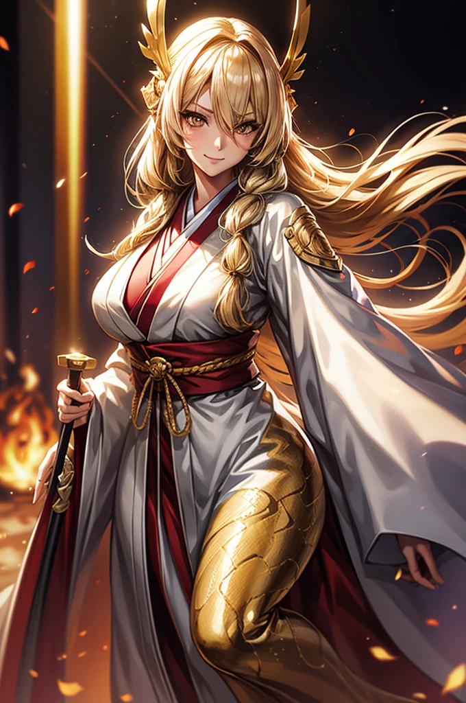 ​masterpiece、top-quality、(Blonde colored long hair、I have bangs:1.1)、(25 year old woman)、 (gold eyes:1.5)、(Big round eyes:1.5)、(Emphasis on the chest:0.5)、(modest smile expression:1.3)、(Staring:1.5)、(Close-up of the subject's face:0.5)、
Military uniform、red jacket、White shirt、White pants、Army red Caps、Red military cloak、
standing、five perfect and beautiful fingers、Bust Shot、
Alone、Open your mouth、Fearless smile、(large Breasts:1.3)、(Glowing Skin:1.2)、(dynamic pose hand holding a sword gripping one Rapier in hand:1.3)、midriff peek、Uplifting、Have a rapier grip