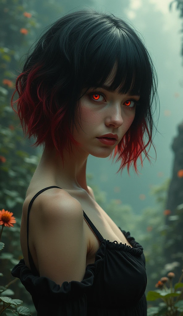 (Realisttic:1.2), analog photo style, cute woman with short black-red multicolored hair, red eyes, (Gloomy and dark atmosphere), soft natural light, faded colours, sexy, great quality, Masterpiece, detailed fantasy background, better performance, 16k quality, HDR, RAW photo nude full body aroused armpit