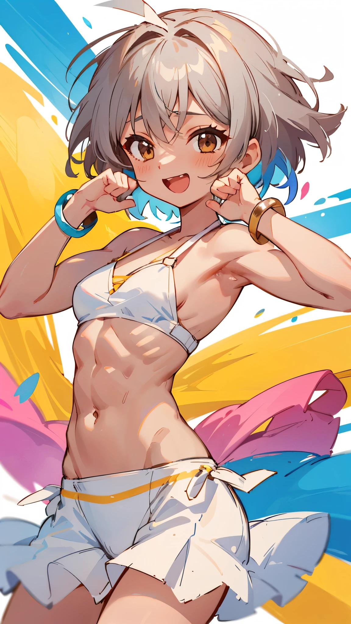 (Perfect body),Best Quality,16 K,(((((Lori)))))、NSFW、(((((blush))))),(((((:D)))))、((narrow her eyes))、embarrassed from、(((((Brown skin))))),(Short hair), (((Orange Eyes))),((((Pink hair)))),(Sweat),((((small tits)))),((((Wavy Hair)))),Ahoge,hair clips,(white knee-socks),((Big ass)),(((Gold Bikini)))、((camisa branca aberta))、(thick thighs)、(((((short in stature)))))、Kneeling、Arms behind your head、((Armpits))、(Arched back)