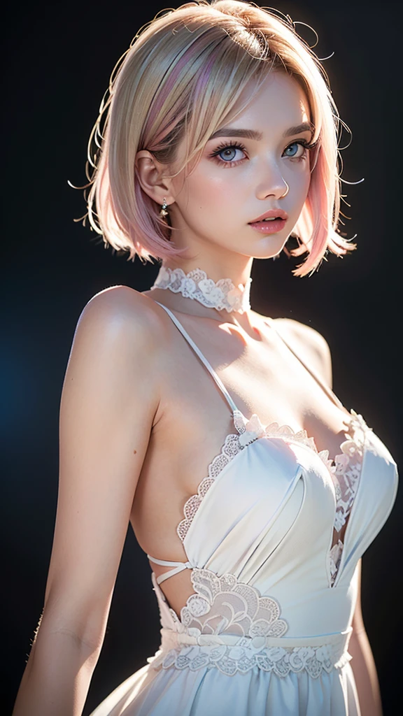 arcanevi, a woman with medium short pink hair wearing a white dress, female face, unreal engine character art, portrait