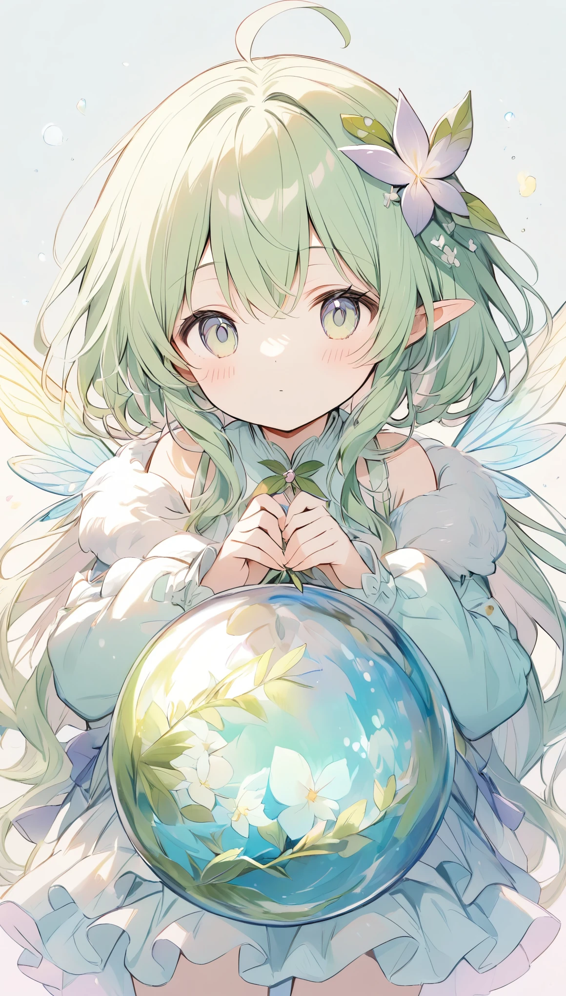 The pale lines and soft colors create a dreamy, ephemeral impression..A little fairy in the palm of both hands、A fairy with wings growing from a ball of fur