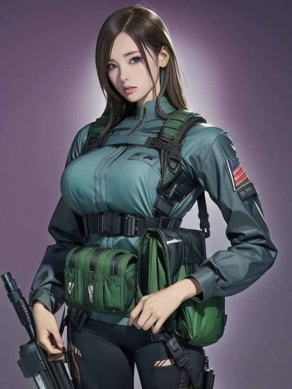 Best image quality、Amazing details、Ultra-high resolution、（realism：1.4）、（（Close：0.75））、One woman is very condensed、Beautiful and delicate face、Perfect proportions、Narrow your target audience、Large Breasts）、Brown Hair、（Violet tech suit）、（A cyborg compared to a police uniform、、、Black and grey mech、Military Harness、With RPG-7、Hitch Tech Flamethrower Tank Transport）、Simple grey wall in the background、