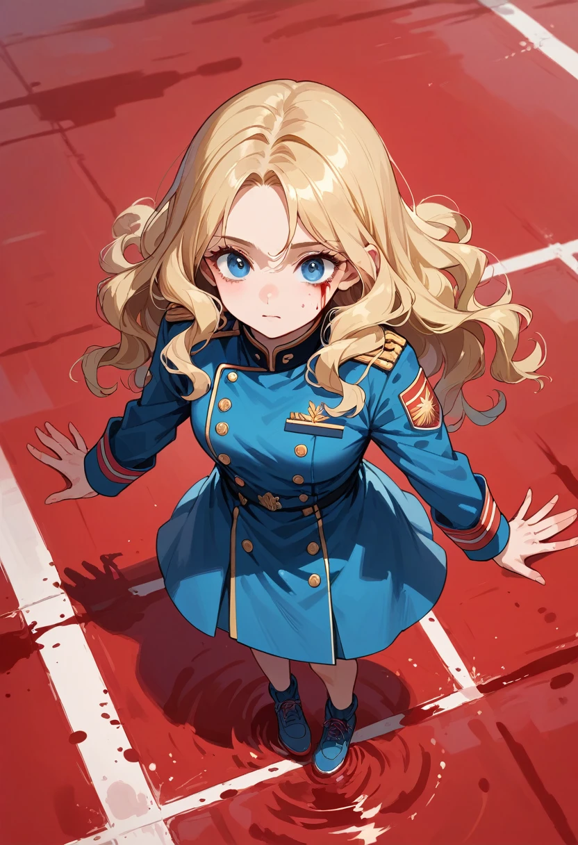 masterpiece, best quality, ultra-detailed, 1girl, Full body, Description Girls, detail hands, Detail fingers, Detail Face, cute face, detail legs, overdetailed art, Fine details, blonde hair, wavy hair, long hair, blue eyes, blue military uniform, from above, blood pool, floating in red water