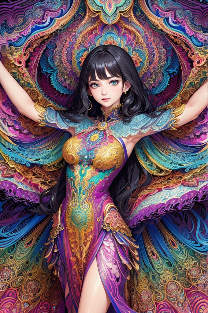 (masterpiece, top quality, best quality, official art, beautiful and aesthetic:1.2), (1girl:1.3), extremely detailed,(fractal art:1.1),(colorful:1.1)(flowers:1.3),highest detailed,(zentangle:1.2), (dynamic pose), (abstract background:1.3), (shiny skin), (many colors:1.4), ,(earrings:1.4), (feathers:1.4)