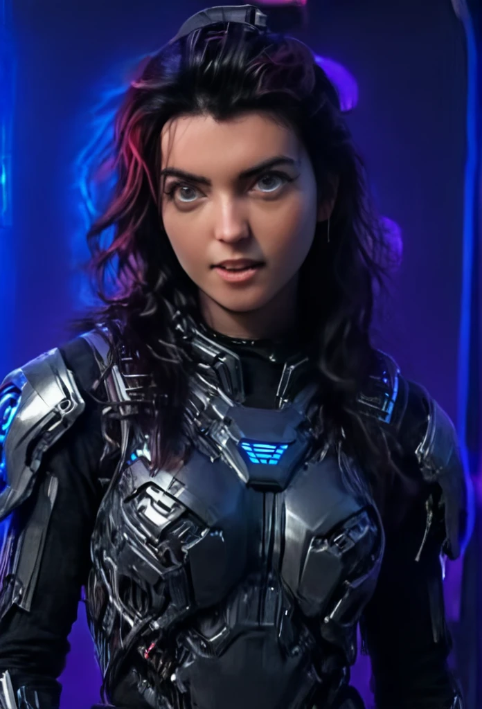 A woman wearing exoskeleton cyber armor, The armor fits snugly、(((She has a plasma gun in her hand))), Full body photo, Maximum details, Superior quality through precise drawings, 8k,chest, blue eyes,  High resolution, 超High resolution, Best Quality, Shortcuts, Big chest, Cinematic Lighting Effects, 未来的な美しいBlack Hairの女性, Shining blue eyes, Cyberpunk style woman, ((High tech spaceship interior with blue light illumination)), High-quality images、Black Hair, Shortcuts, 