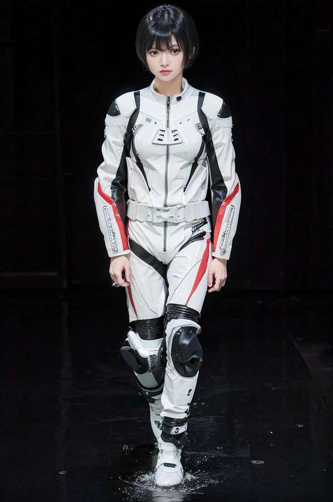 body suit, white and blue suit, futuristic suit, white gauntlets, white gloves, white hands, skin tight bodysuit, toned male, teenager, young male, bodysuit, futuristic, sci fi, hands seen, hair visible, solo male, full body seen, white hair, slim body, skinny thighs, beautiful face ,handsome