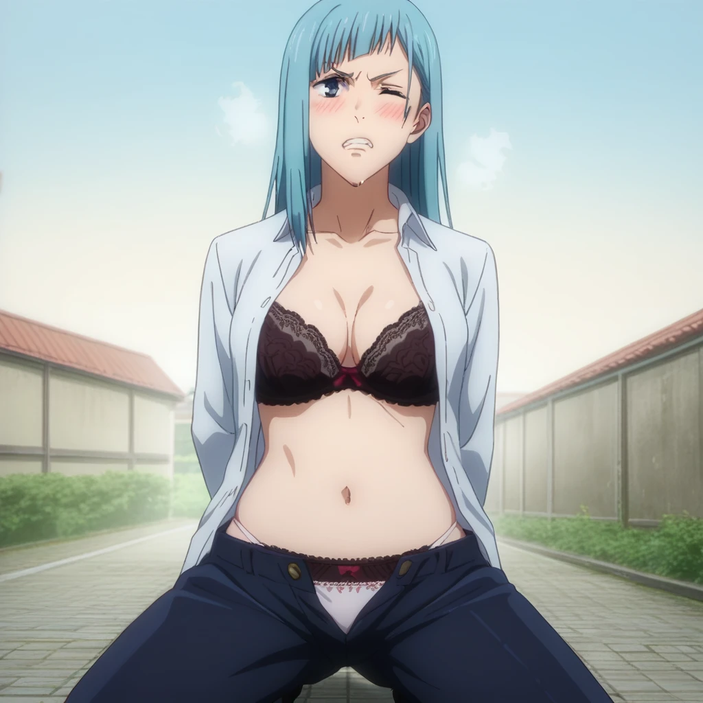 score_9, score_8_up, score_7_up, sauce_anime, ambient light,
jujutsu_kaisen_style, kasumi miwa,, ,1girl ,tall girl,, blue hair, long hair, blue eyes, wince, frown, close up face:0.2,
nsfw, (show off panties),, undress open dress shirt, hands behind backs, undress pants, in lace panties,
outdoors,, realistic outdoor, (kneeling), , steam, 
cowboy shot,, looking at below, solo, dutch angle, blush,, lace bra , clenched teeth, saliva, drooling moanin, medium breast,