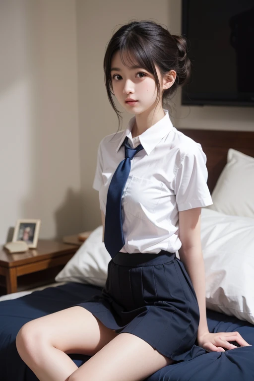 (masterpiece:1.2), Japanese, (), (a girl), room, ((school uniform)), thighs, bedroom, hair bun,