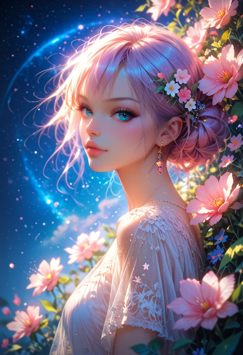 top quality, High_Permission, distinct_image, detailed background, girl, flower, USA, starry sky,