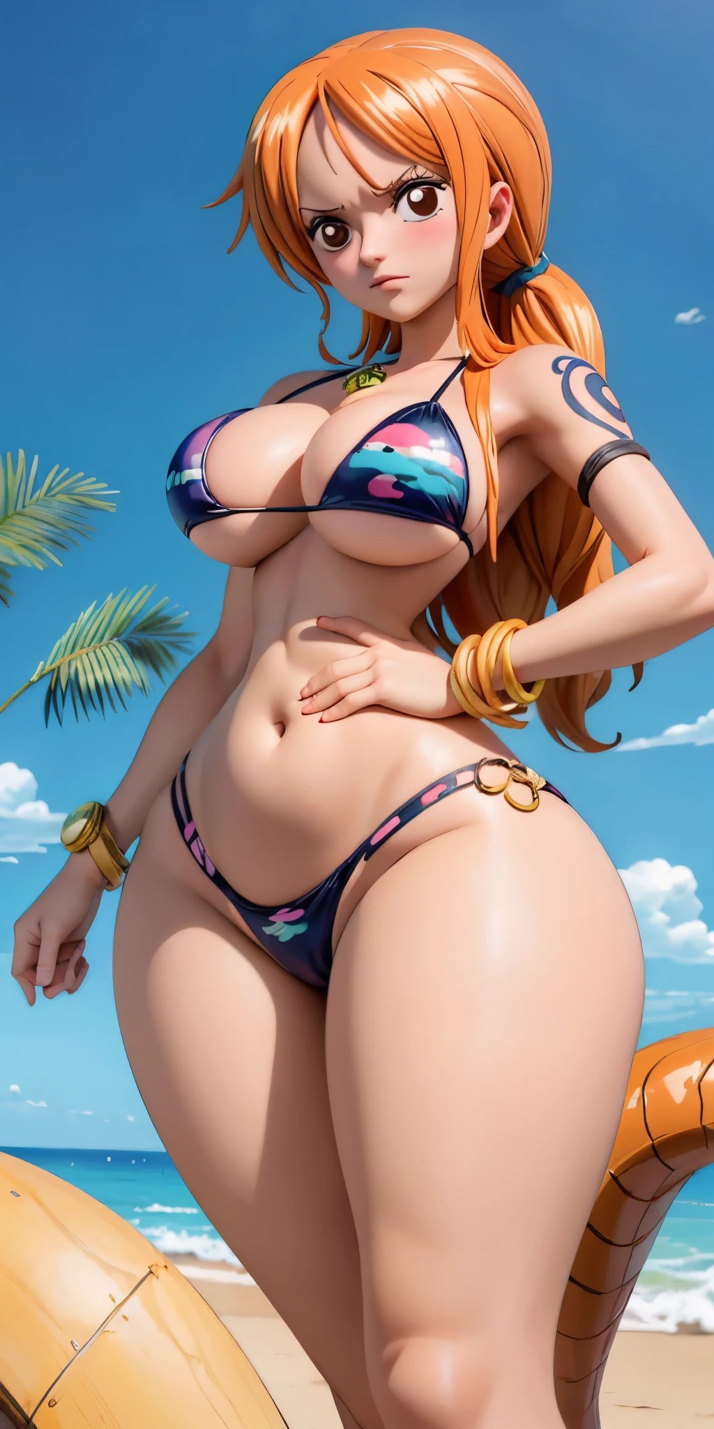 anime girl in a bikini with a snake around her neck, oppai, oppai proportions, biomechanical oppai, anya from spy x family, marin kitagawa fanart, seductive anime girl, is wearing a swimsuit, nami one piece, most strongest pose, marisa kirisame, she has a jiggly fat round belly, blonde anime girl with long hair