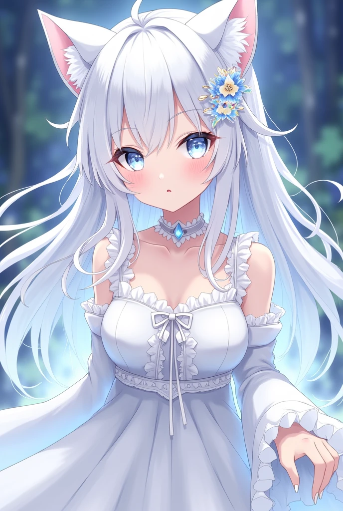 A portrait of a captivating and enigmatic girl with long, flowing silver hair styled with a single, large braid adorned with a silver ribbon. Her piercing blue eyes convey a sense of both intelligence and vulnerability. She is wearing a flowing, elegant dress with intricate lace detailing, and a subtle smile plays on her lips. The background should be a soft, ethereal gradient of pastel colors, creating a dreamy and whimsical atmosphere. The overall style should be a blend of anime and realistic, with a focus on capturing her delicate beauty and alluring aura.