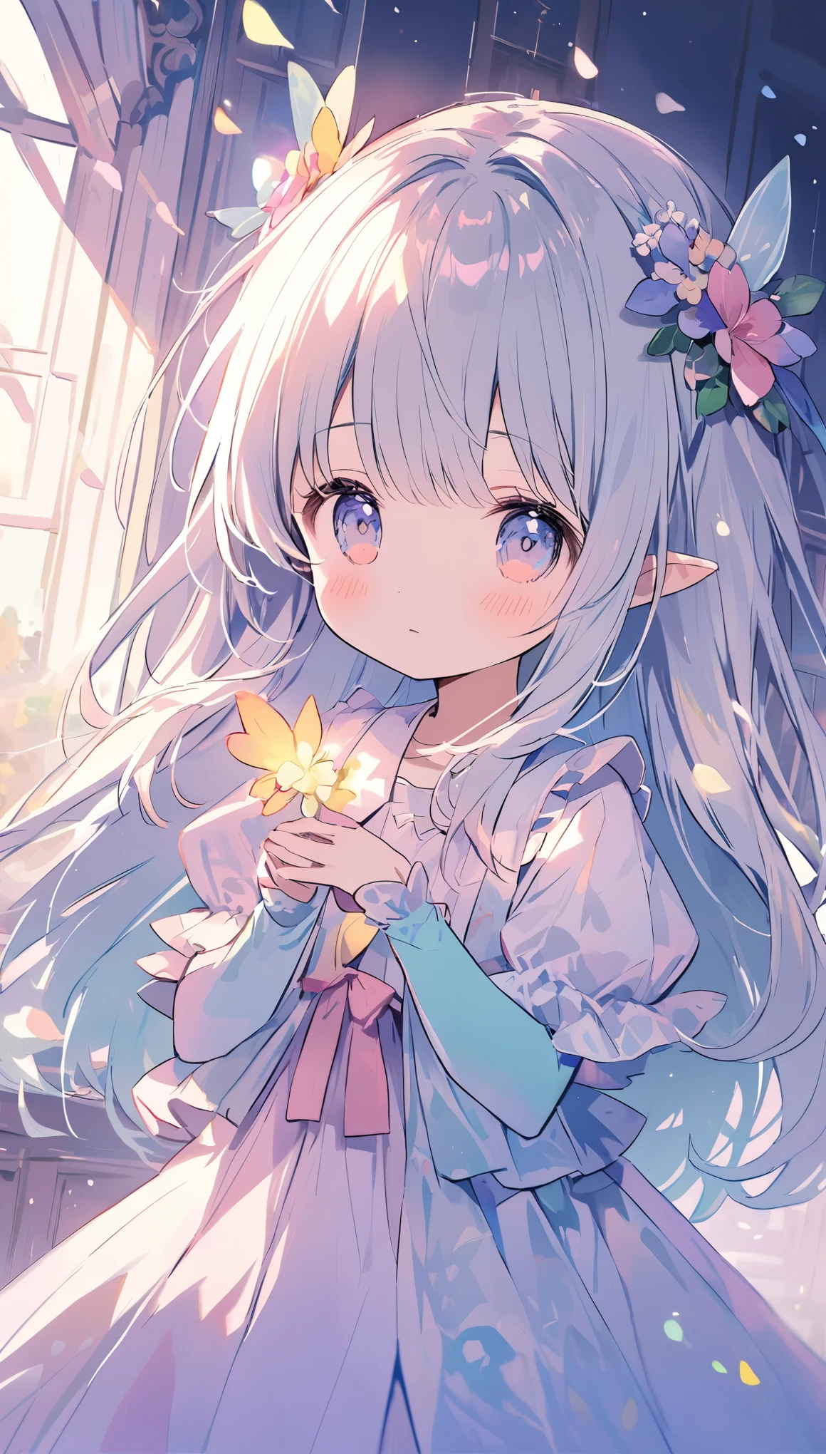 The pale lines and soft colors create a dreamy, ephemeral impression..A little fairy in the palms of a girl&#39;s hands、A fairy with wings growing from a ball of fur