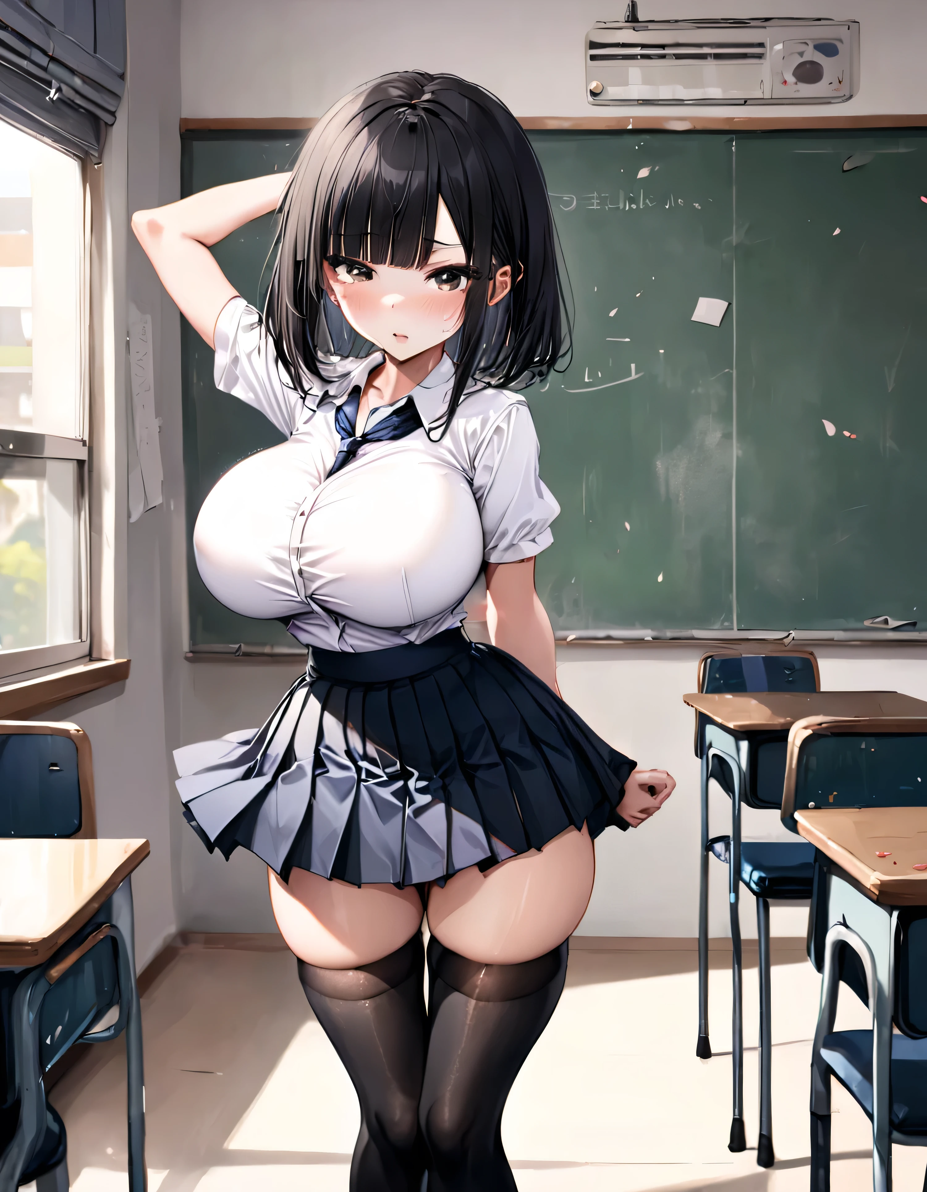 (solo), (1 skinny girl standing at school alone), (swaying back), arms behind back, tiptoe, BREAK, black bob cut, blunt bangs, (violently bouncing huge breasts:1.4), bursting huge breasts, long breasts, narrow shoulders, (very short torso), skinny narrow waist, (long skinny legs), (skinny thighs:1.2), BREAK, school uniform, (white blouse with closing chest), pleated black high-waist skirt, thigh gap, (inky-black thighhighs:1.1), BREAK, orgasm