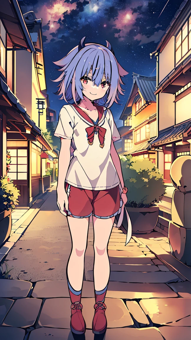 masterpiece, Best Quality, High resolution, Very detailed,(((Mikoto Naruhana))), (((Standing at a distance))), (((Japanese-style streetscape))), (((Cobblestones))), (((nature))), (((T-Shirts))), (((Shorts))), (((Plants))), (((night))), (((Starry Sky))), (((smile))), (((Multicolored Hair))), (((horn))), (((Pink Eyes)))