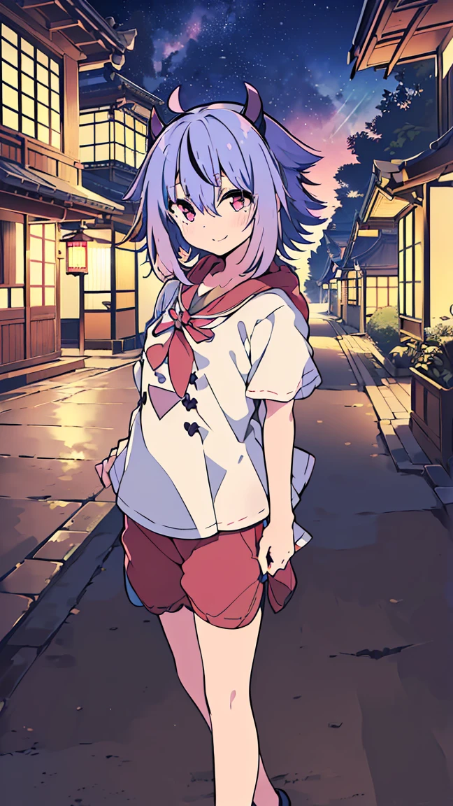 masterpiece, Best Quality, High resolution, Very detailed,(((Mikoto Naruhana))), (((Standing at a distance))), (((Japanese-style streetscape))), (((Cobblestones))), (((nature))), (((T-Shirts))), (((Shorts))), (((Plants))), (((night))), (((Starry Sky))), (((smile))), (((Multicolored Hair))), (((horn))), (((Pink Eyes)))