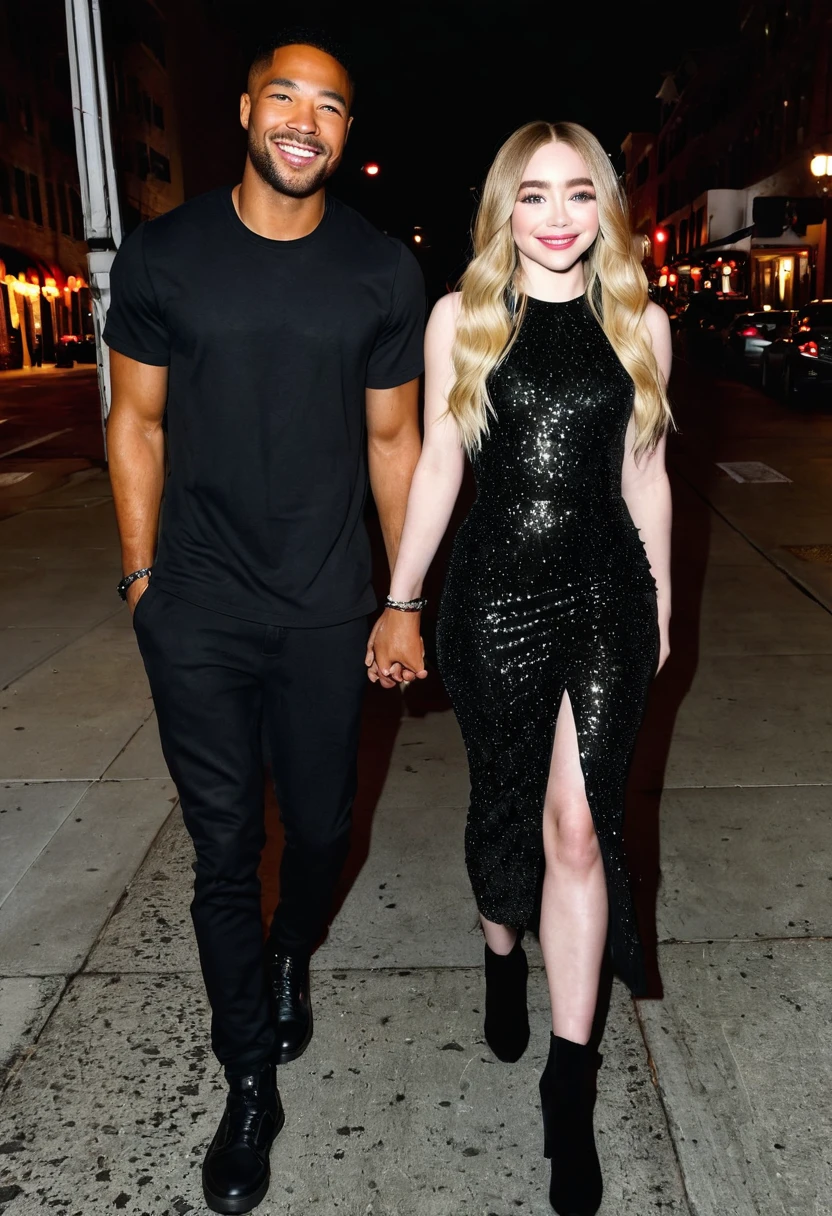 Broderick Hunter and Taylor Momsen enjoy an evening stroll. Both are dressed attractively for a night on the town. Taylor has lovely makeup on her face. Taylor wears red lipstick. Nighttime. Romantic ambiance. Symmetrical eyes. Symmetrical faces. Lovely details. Photorealistic. Full-colored photo. Professional photo. Highly detailed 8K.