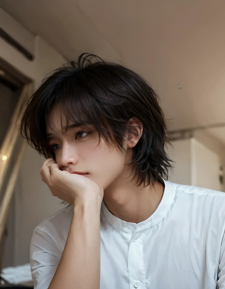 arafed boy with a white shirt and a clock in the background, with short hair, profile shot, from 8 k matte, with long hair, very very low quality picture, bored expression, low quality photo, mid long hair, desaturated!!, his hair is messy and unkempt, androgynous person, from side, halfbody headshot