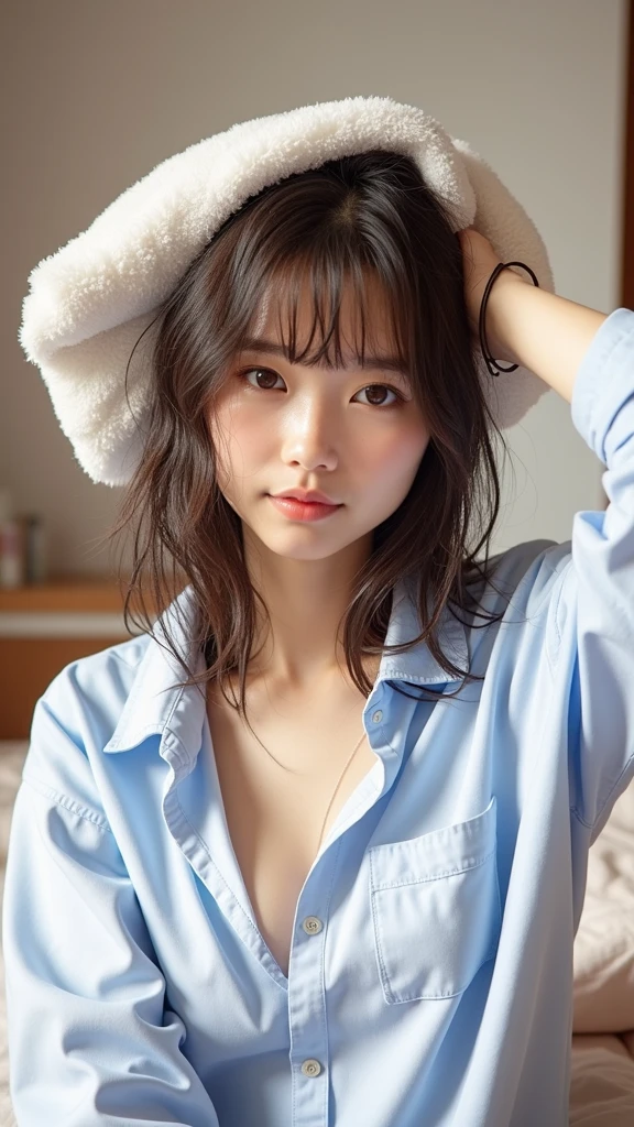 Em1lyW1ll1sV2-130, (Age 25), Long Hair, Modern photography, wear (bear costume), (Portraiture), Cute Bear Onesie Pajamas, Super soft light brown plush fabric, debtわdebtわフード, Cute bear hood, (35mm, debt/2.8) Photo debtocus, DOdebt, Aperture, Highly detailed and exquisite, character, Hypermaximalist, beautiful, reveal, Charm, Charm, Affectionate, Ultra-realistic, Very detailed, beautiful woman, ((Fine grain)), Long eyelashes, (Glossy Lips), in the her bed room, SFW