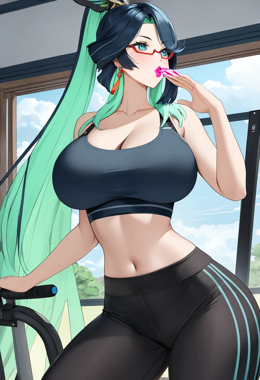 (masterpiece), (detailed anime style), (super detailed), (perfect work), (4k), xianyun, lovely, Madura, fitted sports bra, fitted leggings, very big breasts, I will trace the great, blowing a kiss, an electric gym