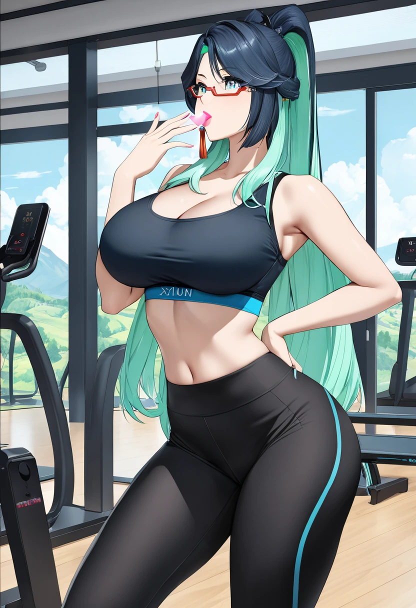 (masterpiece), (detailed anime style), (super detailed), (perfect work), (4k), xianyun, lovely, Madura, fitted sports bra, fitted leggings, very big breasts, I will trace the great, blowing a kiss, an electric gym