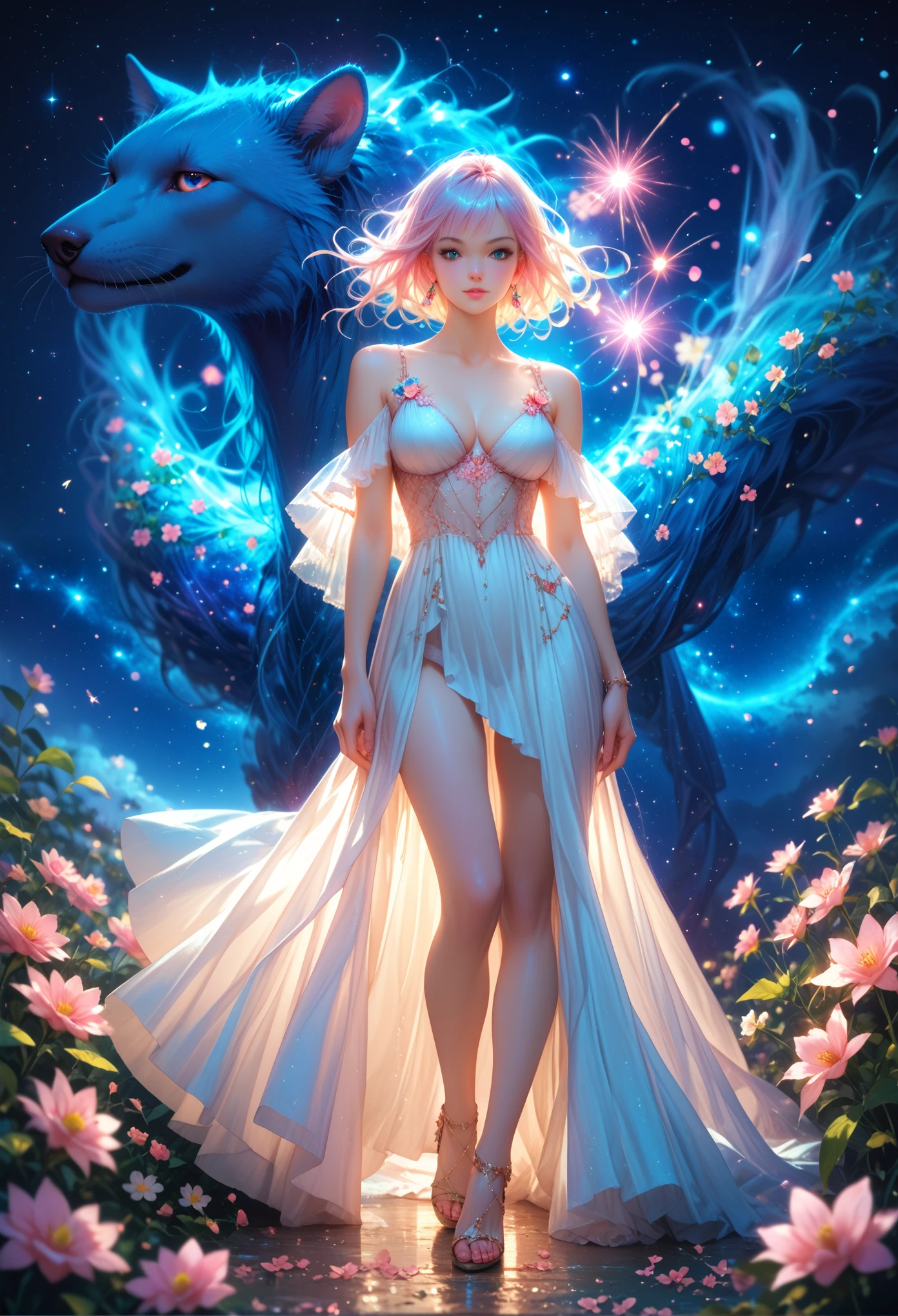 top quality, High_Permission, distinct_image, detailed background, girl, Full length, Sexy, Charming, flower, USA, starry sky,core_9, score_8_up, score_7_up,