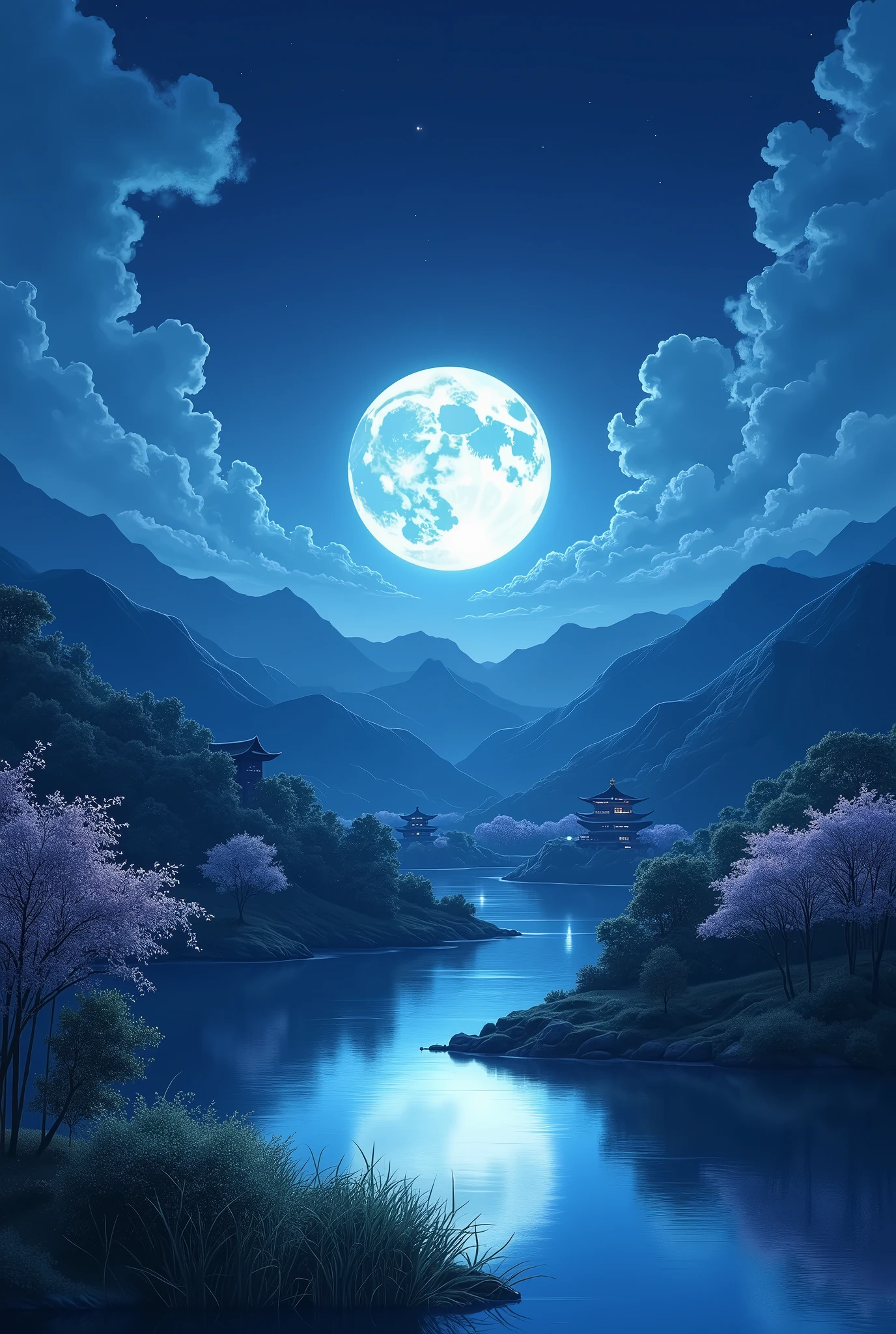 Night scene of a lake with a full moon and mountains - SeaArt AI