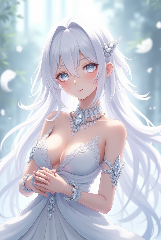 Paradise in Heaven, White lighting,(muste piece), (best quality), (cinematic), 8K, (art station), Li Yue painting style.(長いwhite hairとSilvery eyesを持つ1人の女), (beautiful delicate face)、[ Particle Lou Full Moon] [Frozen trees々] [landscape crystal] [great writing] [Ethereal Atmosphere]:1.1] [fantasy, short story] [soft great writing] [+cinematic shot]:1.2 [+art station] [+luminous white background] [+soft great writing] [soft glow] [Creative and dynamic angles]:1.3, [+Crystal Toning] 、muste piece, very detailed, Super detailed, solo, (pale skin), Silvery eyes, white hair, (snow background), (snowflake rosen flower:1.0), (shining crystal),, (Snowy ground), (White lashes), sexy woman、dreamy and detailed, Gorgeous setting, 妖しい雰囲気 muste piece, The most beautiful scenes, majestic、(((full of white flowers)))、quiet and serene atmosphere、attractive, all white tones,Inside the crystal library,Transparent flowers and falling snow，Many white roses are planted,(water flowing,waterfall,water bloom),The decoration is also carefully done.,dream（very detailedです，creative design，crisp and precise lines，K HD，best quality，T Masterpiece，超High resolution，In 4K）、Diverse poses、((beautiful white flower hair ornament))、beautiful hairstyle、(best quality, In 4K, 8K, High resolution, muste piece:1.2), Super detailed, detailed expression, graceful posture, expressive brush strokes, mysterious atmosphere, artistic interpretation,Delicate floral jewelry， (((Detailed design、Beautiful lace translucent dress、see-through small dress)))、(SFW:1.5), (oversized breasts, best body proportions, proportions of large breasts,:1.5),(white decoration on thigh)、((Beautiful crystal accessories on the legs))。((Beautiful crystal accessories on the arm))