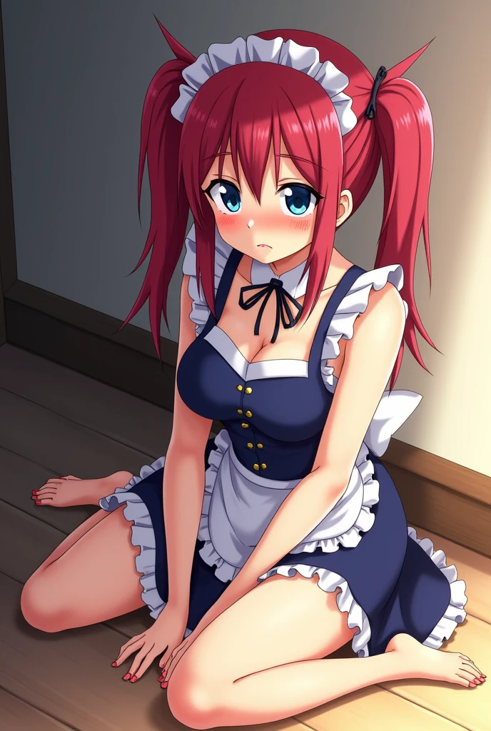 Tabletop, Highest quality, Air Live 4, Thighs Thighs Thighs, black Thighs Thighs Thighs, apron, zettai ryouiki, Maid, Maidの頭飾り, Cleavage, Wrist cuff,(Masturbation:1.8),One Girl,Browsing Caution,(Spanning the viewer:1.4),
