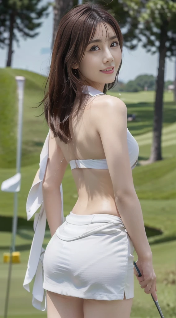 ((Best of the highest quality, 8k, Masterpiece, raw photo: 1.2)), (Sharp focus: 1.2), (1 AESPA, slim body type female, 21 y/o: 1.1), (Solo: 1.28), (realistic, photo-realistic:1.37), face focus, cute face, finely eyes, side lighting, using reflectors, (small breasts, flat chest, Thigh: 1.3), (short messy hair, updo: 1.28), (sexy lingerie, sun visor: 1.32), (ribbon:1.2), walking Golf course, sun light, flower, (from behind: 1.24)