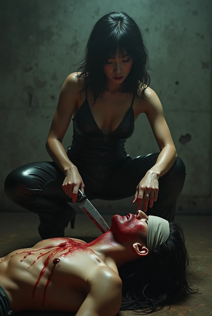 korean naked girl, (behind corpse, surgical mask), multiple girls, holding knife, stabbing, leather gloves, room full of blood, trucker hat, holding knife, leather gloves, behind corpse, blood splatter, short hair, night, mass murderer, robbery, in the house, dark atmosphere, cinematic lighting, atmospheric realistic,
