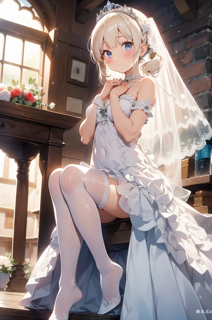 1girl, full body shot, ((Age 15)), (Front, Young Face))), masterpiece, (Photorealistic),photograph、少女のphotograph、A face that is cute and beautiful down to the last detail、Beautiful Bangs、Glowing White Skin,Bangs between the eyes、Long twin tails、Blonde,Glamorous light and dark platinum blonde silky hair、Bridal Underwear, Thigh-high embroidered stockings,White lace panties
, ((Princess-style pure white wedding dress:1.2)), necklace, Tiara, Pure White Veil,Holding a bouquet in both hands, A chapel with a full glass wall overlooking the sea,  cute, absurdres, high res, ultrasharp, 8k, masterpiece