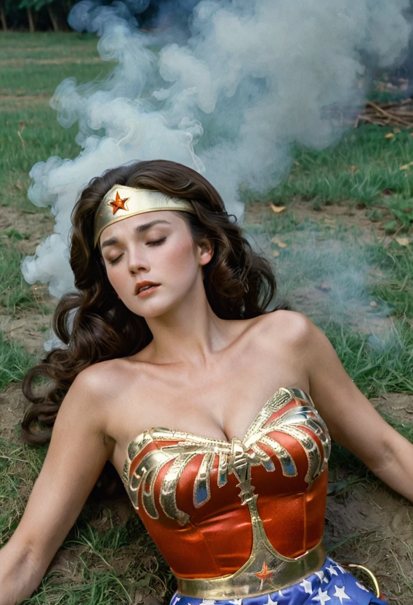 The perfect Wonder Woman costume,Eyes closed and unconscious､Lying on the ground､Lying on your back､Smoke､A lot of smoke in the face、Bright outdoors､Brown Hair,  masterpiece、beautiful girl、Best Quality, 超High resolution, (reality: 1.4), Cinema Lighting,so beautiful、Beautiful white skin、(超reality的な)、(High resolution)、(32K)、(Very detailed)、(Very detailed)、 Detailed,Brown Hair､20 years old、American