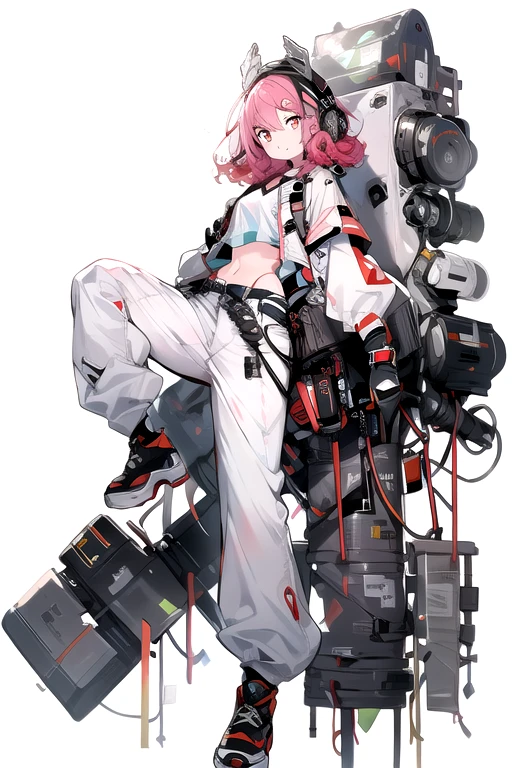 ((Full body shot)), ((No background)), ((White background)), line art, illustration, masterpiece, ultra detailed, high resolution, high quality, industrial, engineer, 1girl, solo, red eyes, facing viewer, closed mouth, long curly pink hair, wearing a midriff shirt, pink and white boots, ((one leg wearing white pants and the other leg wearing short denim white shorts)), stomach navel, dynamic pose