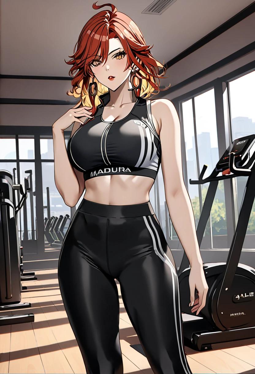 (masterpiece), (detailed anime style), (super detailed), (perfect work), (4k), you are suffering, lovely, Madura, fitted sports bra, fitted leggings, very big breasts, I will trace the great, bare arms, blowing a kiss, an electric gym