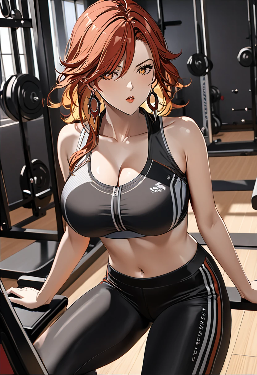 (masterpiece), (detailed anime style), (super detailed), (perfect work), (4k), you are suffering, lovely, Madura, fitted sports bra, fitted leggings, very big breasts, I will trace the great, bare arms, blowing a kiss, an electric gym