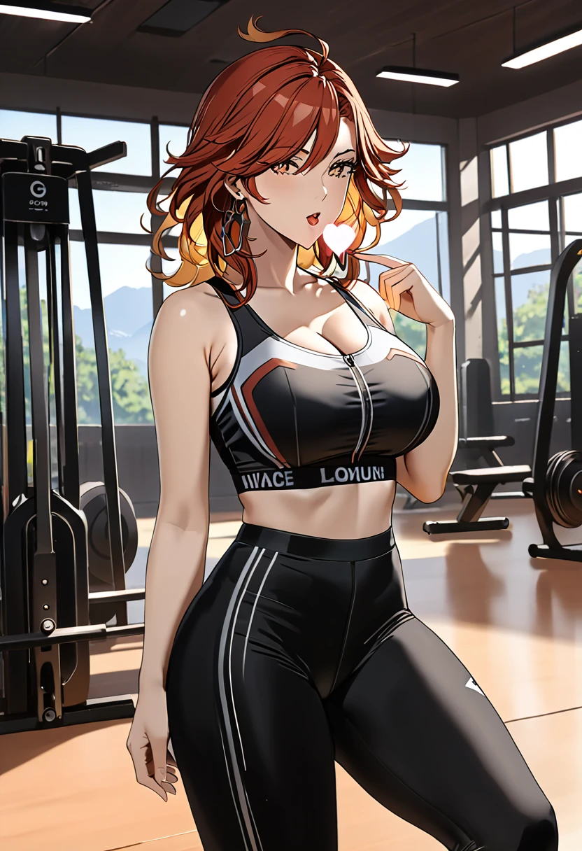 (masterpiece), (detailed anime style), (super detailed), (perfect work), (4k), you are suffering, lovely, Madura, fitted sports bra, fitted leggings, very big breasts, I will trace the great, bare arms, blowing a kiss, an electric gym