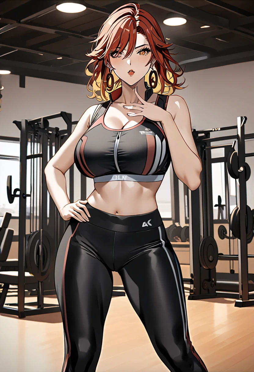 (masterpiece), (detailed anime style), (super detailed), (perfect work), (4k), you are suffering, lovely, Madura, fitted sports bra, fitted leggings, very big breasts, I will trace the great, bare arms, blowing a kiss, an electric gym