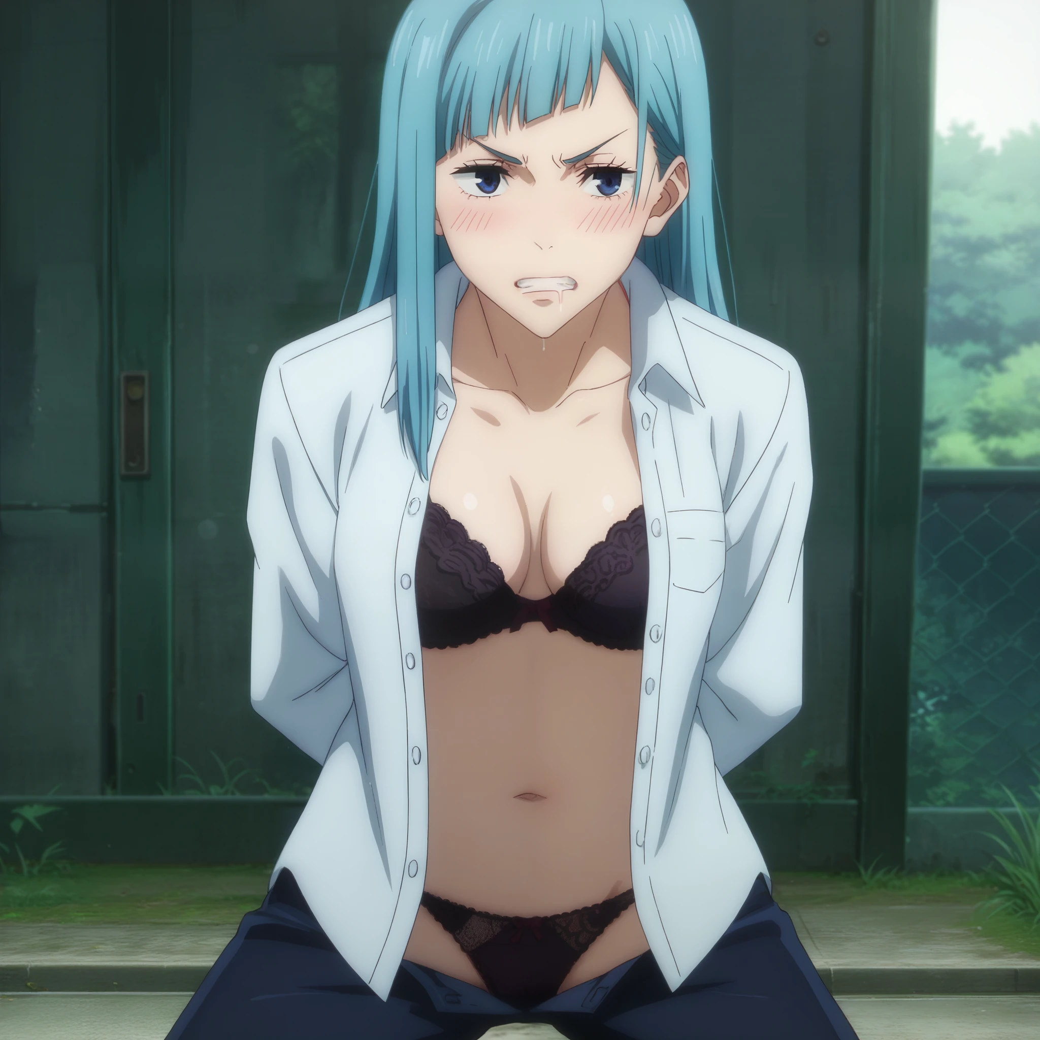 score_9, score_8_up, score_7_up, sauce_anime, ambient light,
jujutsu_kaisen_style, kasumi miwa,, ,1girl ,tall girl,, blue hair, long hair, blue eyes, wince, frown, close up face:0.2,
nsfw, (show off panties),, undress open dress shirt, hands behind backs, undress pants, in lace panties,
outdoors,, realistic outdoor, (kneeling), , steam, 
cowboy shot,, looking at below, solo, dutch angle, blush,, lace bra , clenched teeth, saliva, drooling moanin, medium breast,