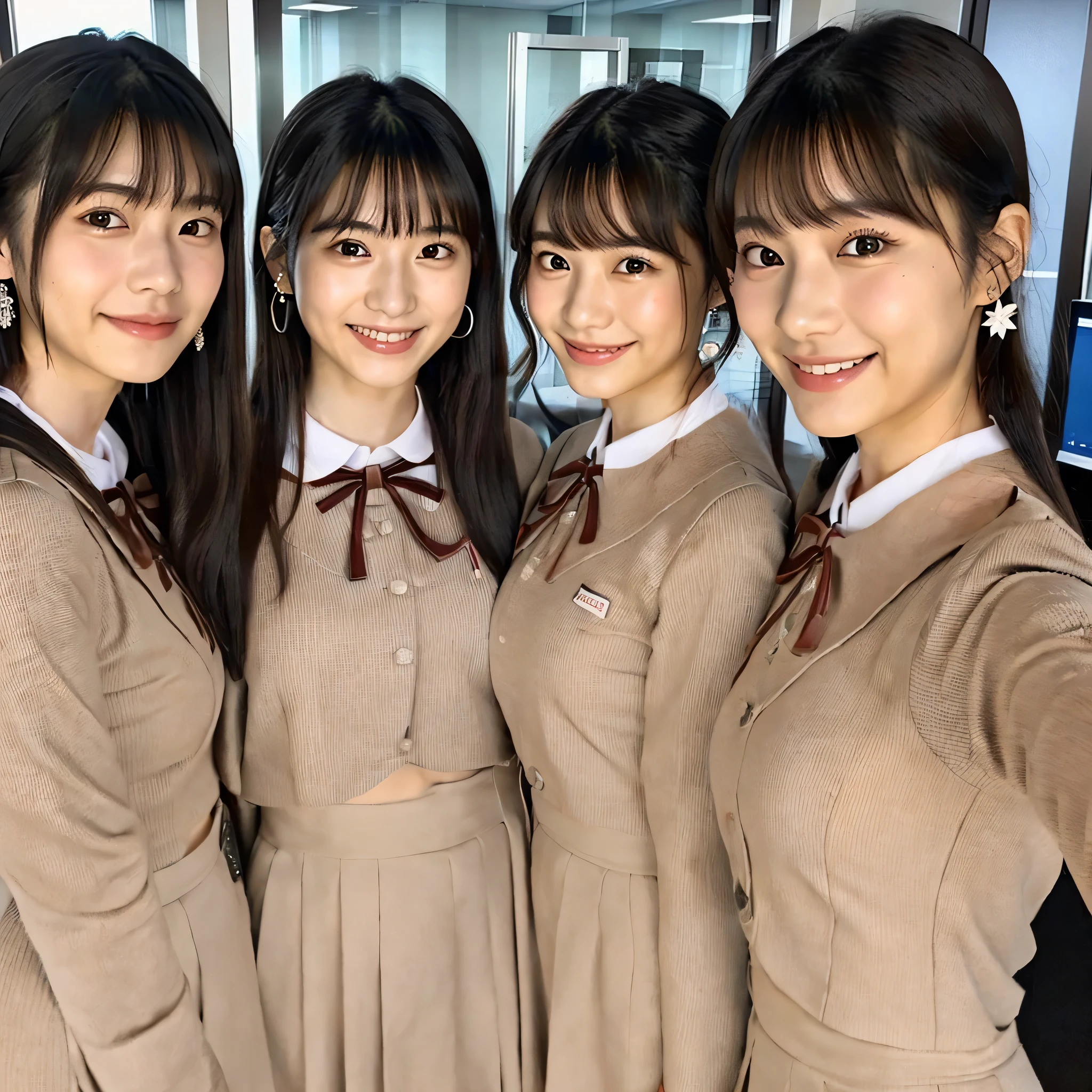 (A close-up selfie photo of four Japanese idols), 20-years-old, (standing closely), (In the office), best quality, masterpiece, (long-sleeve), (nogizaka_costume), (idol costume)