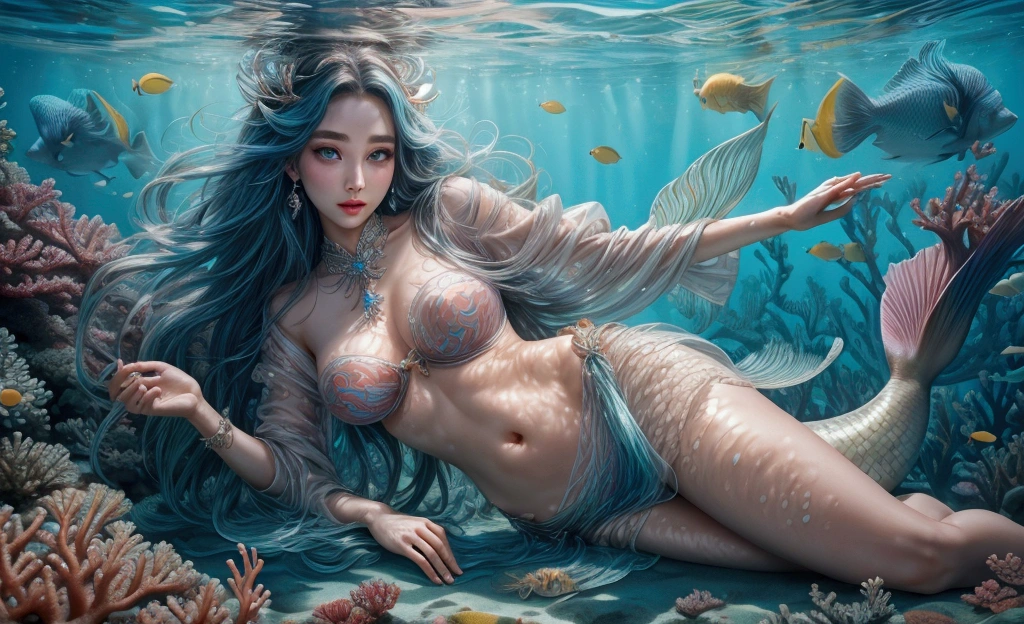 Mermaid in a cute shirt、Beautiful and sophisticated eyes、Beautiful and exquisite lips、Extremely detailed eyes and face、Long eyelashes、Complex scale pattern、Glowing Skin、Swirling Hair、Underwater scene、Sunlight shining into the water、Coral Reef、School of tropical fish、Real、Photorealistic、Photorealistic:1.37、Best Quality、4K、8k、High resolution、masterpiece:1.2、Ultra-compact、Vibrant colors、Studio Lighting、Physically Based Rendering、professional