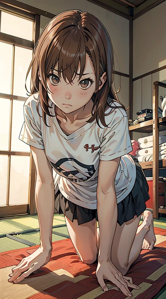 slouch、On all fours、Misaka＿Mikoto、slouch、Japanese-style room、T-Shirts、Look Down