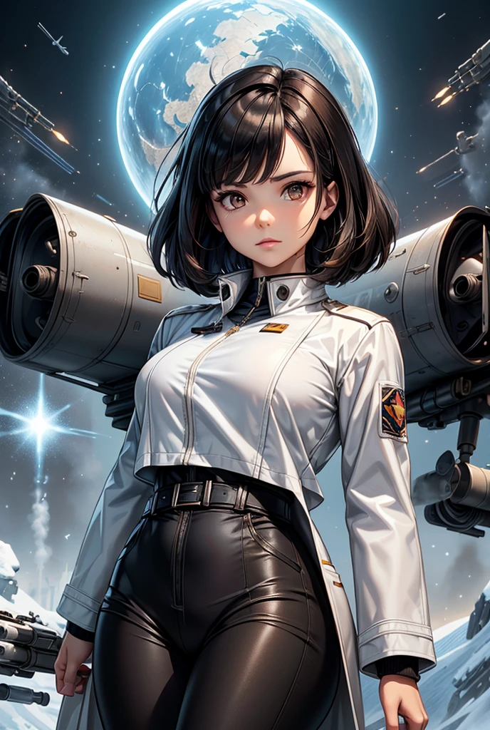 Science Fiction,Sci-Fi Movies,Artillery,Long-Range Missiles,Based on the Movie Foundation ,Woman,Adult,Protagonist,2,hopeful face,brown eyes,short hairstyle,black hair with white gray,scientist uniform,white researcher coat,open meadow,rebel,chaotic,future world,world of socialism,snow,chaos