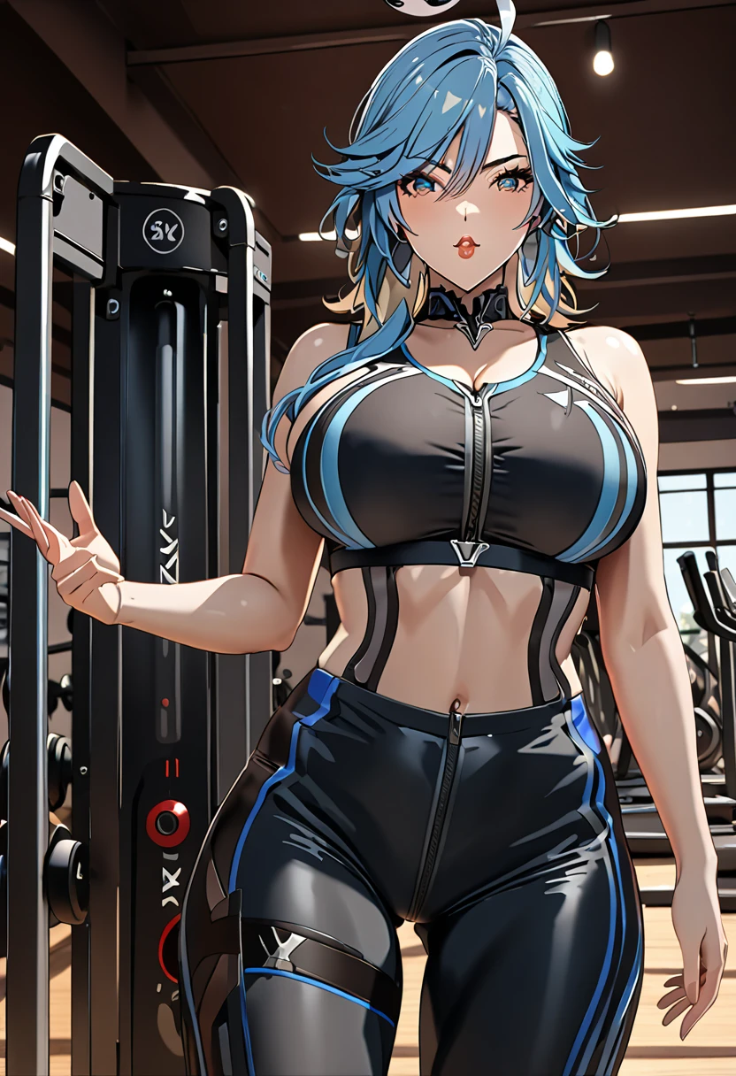 (masterpiece), (detailed anime style), (super detailed), (perfect work), (4k), eula, lovely, Madura, fitted sports bra, fitted leggings, very big breasts, I will trace the great, blowing a kiss, an electric gym