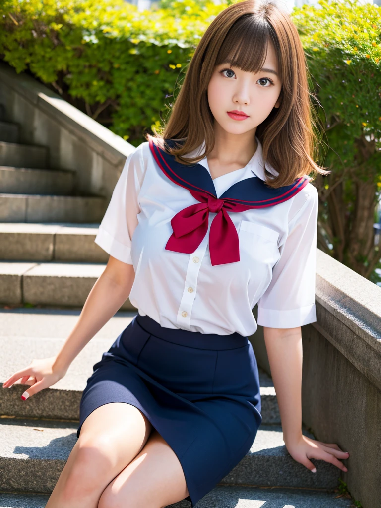 (Best Quality, hight resolution, masutepiece :1.3), (Taken from below), Pretty Woman, Orange sunset sky, Sun and clouds on sea background, Cute girl in uniform. Her hair is light brown in medium bob style. She wears a white blouse and pleated skirt, Stand with her legs wide open, Blushing face, looking in camera, Dynamic shooting