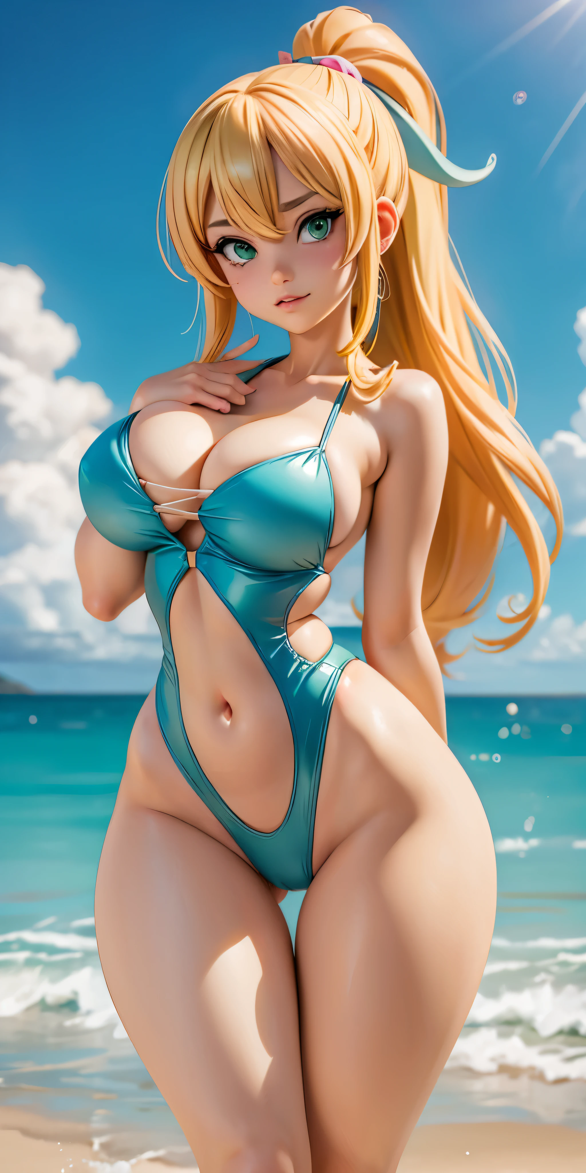 anime girl in a bikini with a snake around her neck, oppai, oppai proportions, biomechanical oppai, anya from spy x family, marin kitagawa fanart, seductive anime girl, is wearing a swimsuit, nami one piece, most strongest pose, marisa kirisame, she has a jiggly fat round belly, blonde anime girl with long hair,(( green eyes )),(((close-up))), walking toward the camera, (((character front,side,back,view))), (((thigh gap)))