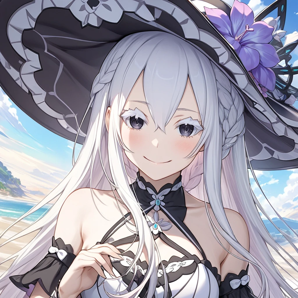 Echidna, re:zero, 1female, white hair, long hair, braid, black eyes, white eyelashes, white dress, white hat, purple flower, smile, masterpiece 、Beautiful attention to detail:1.2, Perfect lighting, (perfect hand, perfect anatomy), Precise depiction、Vibrant colors, super detailed, detailed face, detailed eyes